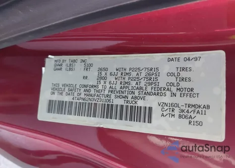 1997 Toyota Tacoma Base V6 z USA, uszkodzony, nr VIN 4TAPN62N3VZ311061